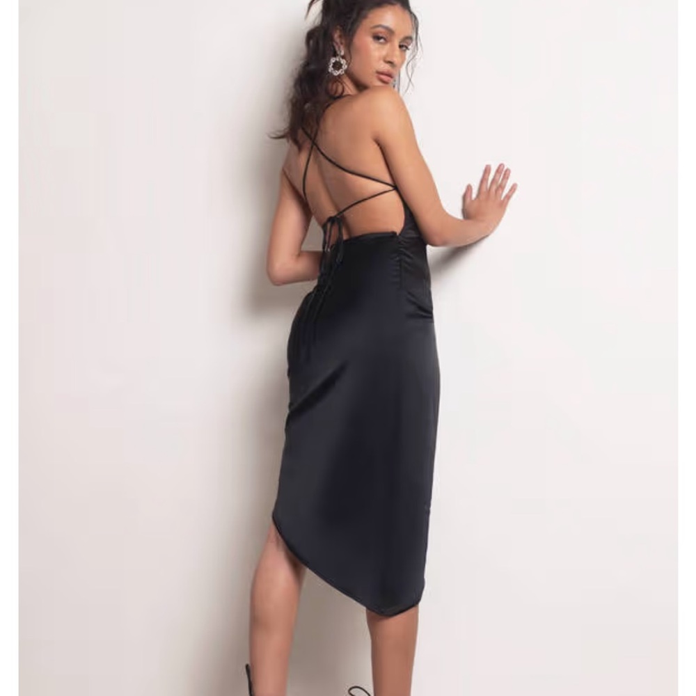 BLUSH AWAY BLACK SATIN ASYMMETRICAL BACKLESS MIDI DRESS